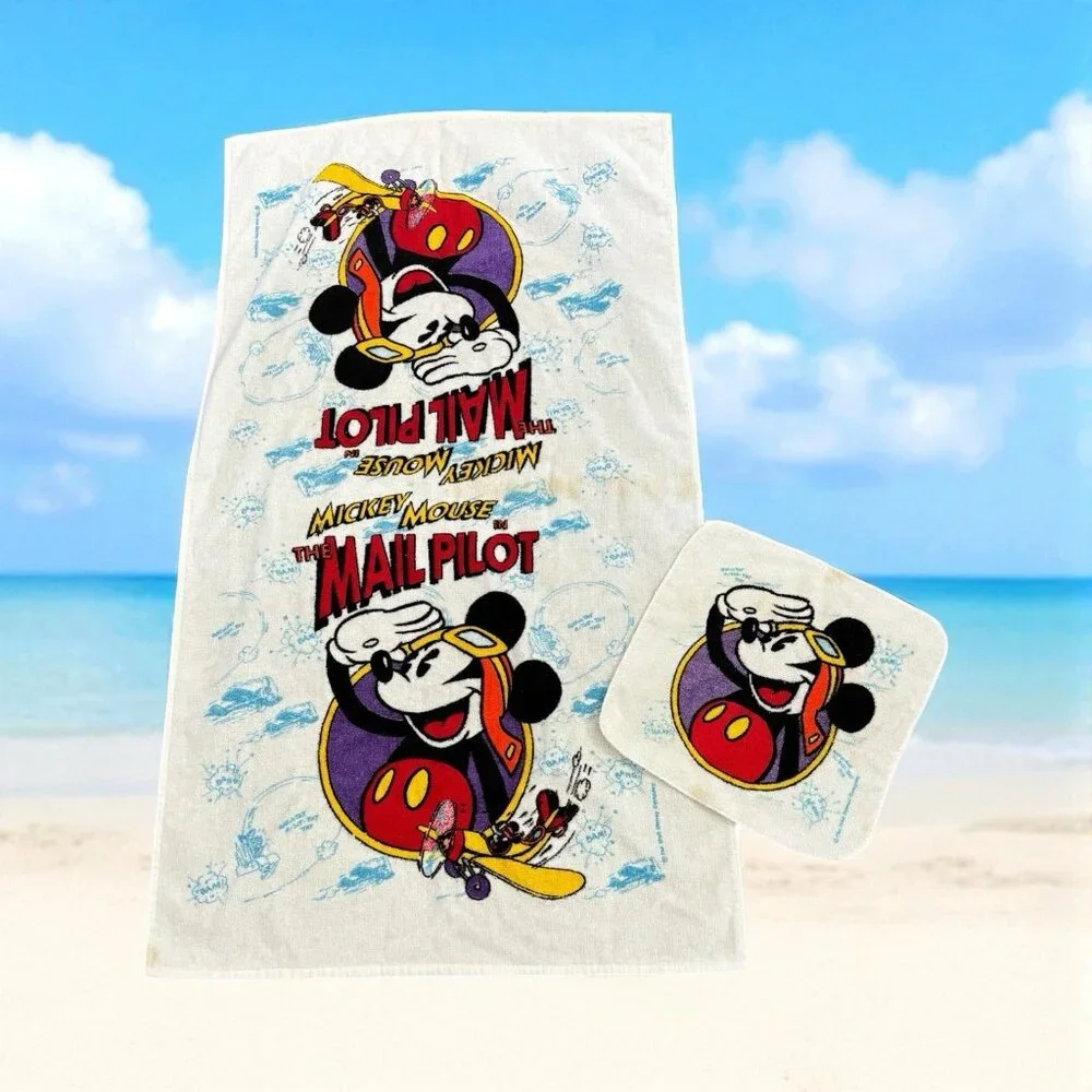 Vintage 90s Disney Bath Towel & Washcloth Mickey Mouse Mail Pilot See Pics